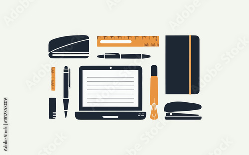 Organized workspace featuring office supplies and a laptop for productivity