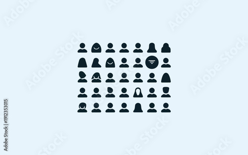 Collection of diverse stylized silhouette icons featuring various headwear and hairstyles