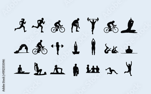 Diverse silhouettes of people engaging in various physical activities and poses