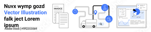 Logistics, document management, data analytics, e-commerce, automation, technology concept. Connected icons display invoices, transport and analytics dashboard. Logistics and document management