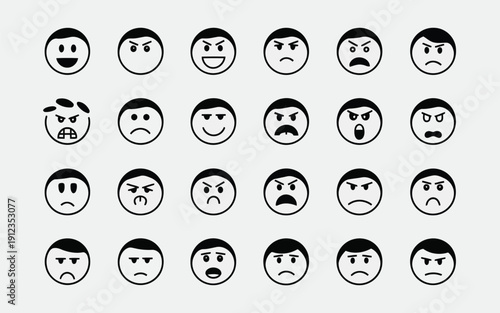 Diverse collection of black and white facial expression emoji icons