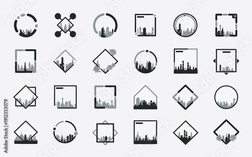 Creative geometric icons with integrated bar chart visuals and abstract shapes