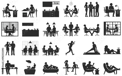 Diverse scenes of people engaging in various indoor social and leisure activities