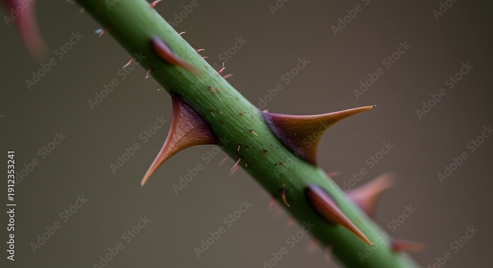 Obraz premium A closeup of a green stem with sharp reddishbrown thorns against a blurred brown background