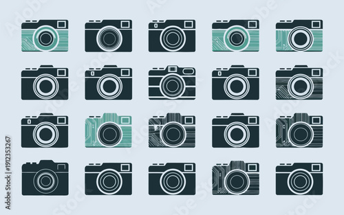 Vintage-style cameras arranged in a grid pattern for visual appeal