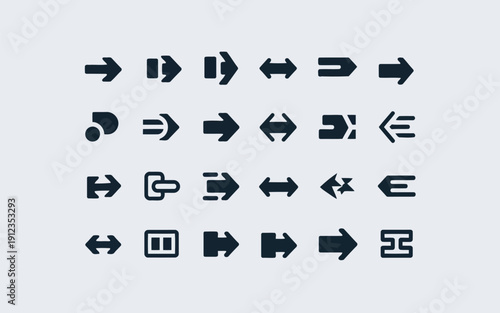 Collection of various directional and functional arrow symbols in black and white