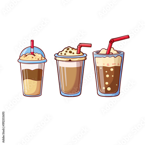 Delicious variety of illustrated iced coffee and cold dessert drinks in clear cups with straws, perfect for cafe menus or sweet beverage concepts