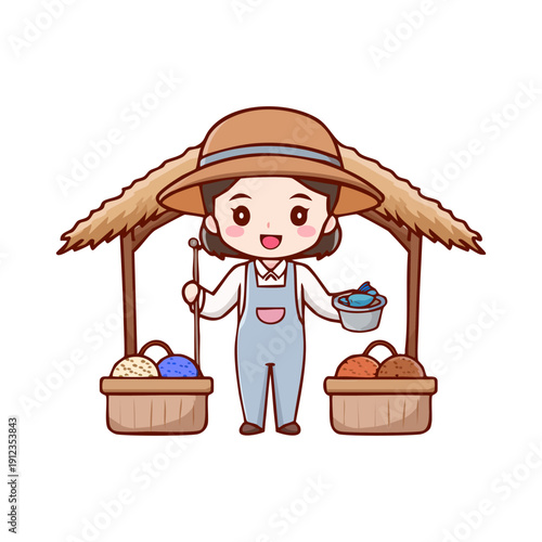 Charming Illustration of a Farmer Girl at a Market Stall with Baskets of Produce