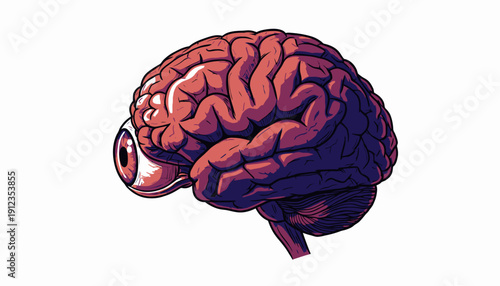 Human brain illustration with visible eye inside.
