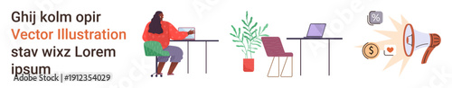 Remote work, communication tools, digital workspace, freelancing, online collaboration, business technology. Woman sitting at a desk near laptop and plant with icons on the side. Remote work