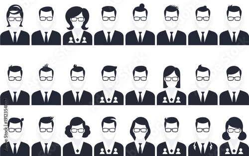 Diverse group of stylized professional avatars in formal attire and glasses