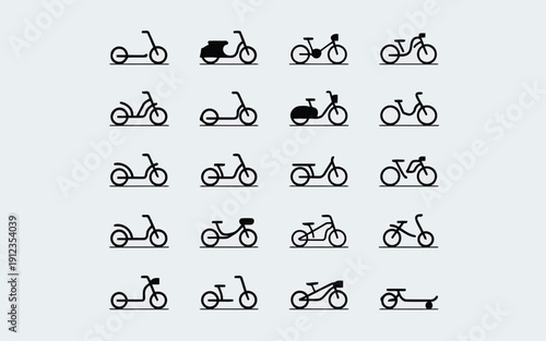 Diverse collection of motorcycle designs and styles in black and white line art