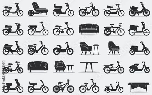 Creative silhouettes of bicycles paired with various furniture items in minimalist style