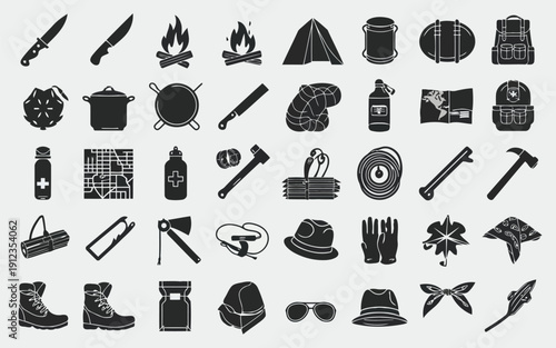 Vintage camping and outdoor equipment icon collection in black and white