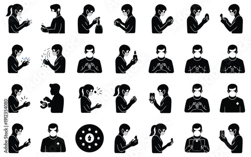 A collection of expressive hand gestures and body language icons in black and white