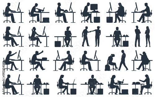 Diverse postures of people working at desks and standing tables in an office environment