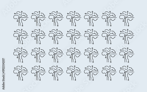 Uniformly arranged abstract tree icons on a grid pattern background
