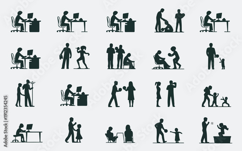 Diverse illustrations of people performing various actions with chairs and other objects