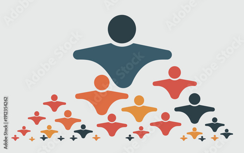 A leader standing above a diverse team of supporters and followers