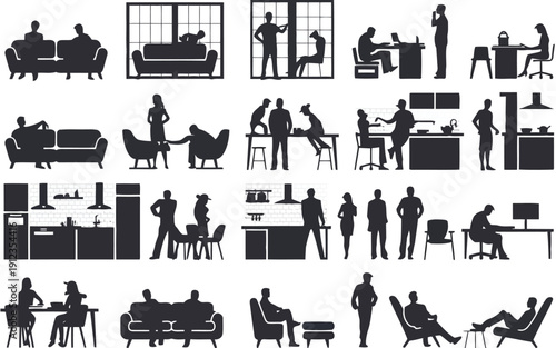 Silhouettes of people engaging in various home and office activities