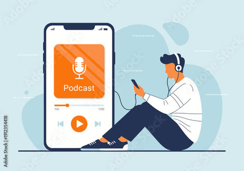 Modern Podcast Listening Concept Illustration with Smartphone and Headphones
