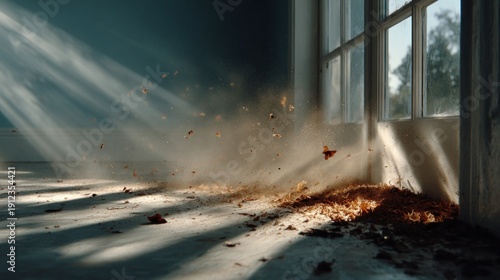 Sunlight streams into a room, illuminating dust and debris disturbed on the floor near a window