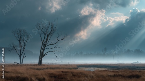 Two skeletal trees stand in a misty field under dramatic sky with light beams