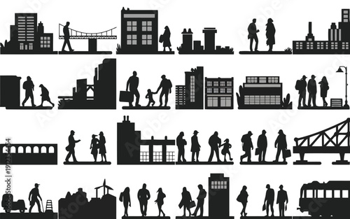 Urban life scenes with silhouettes of people and city structures in various settings
