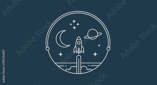 Simple Line Art Rocket Launching to Stars.