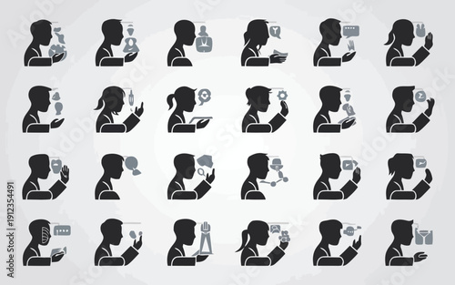 Diverse silhouettes of people in various dynamic poses and activities