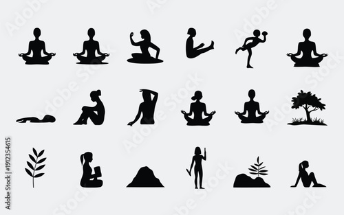 Diverse yoga and meditation poses illustrated in black and white silhouettes