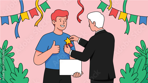 Illustration of a man receiving an award on Employee Appreciation Day from a colleague in a celebratory setting with colorful decorations.