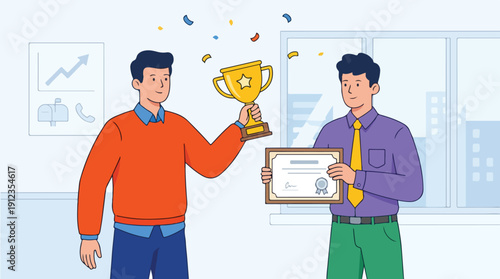 Two businessmen in casual office attire celebrating Employee Appreciation Day with a trophy and certificate.