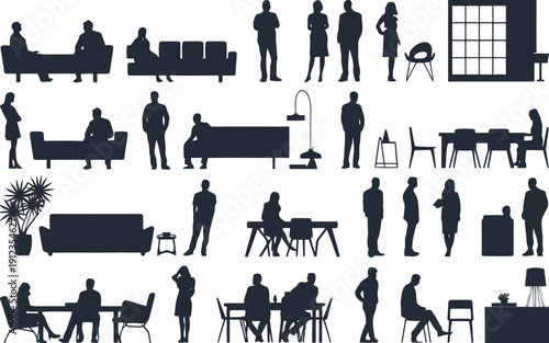 Diverse office and workspace scenarios with silhouetted figures and furniture