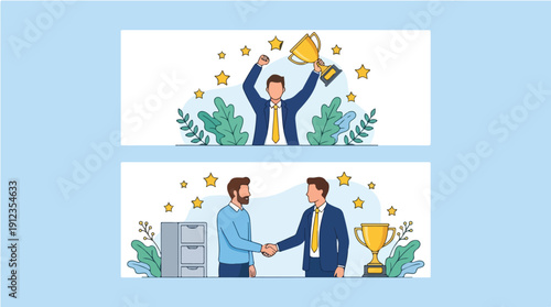 Illustration of a man celebrating with a trophy and another shaking hands with a colleague on Employee Appreciation Day in a corporate setting with a light blue background and colorful