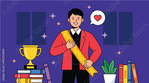 Illustration of a smiling man holding a rolled-up certificate in a room with books, a trophy, and a potted plant on Employee Appreciation Day with a heart symbol above his head.