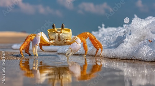Crab on sandy beach watches a wave crash beside it under a bright blue sky