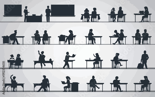 Silhouettes of students and teachers in various classroom settings