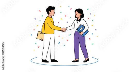 Illustration of a man and woman shaking hands with confetti, celebrating Employee Appreciation Day in a colorful and festive scene with a white background.