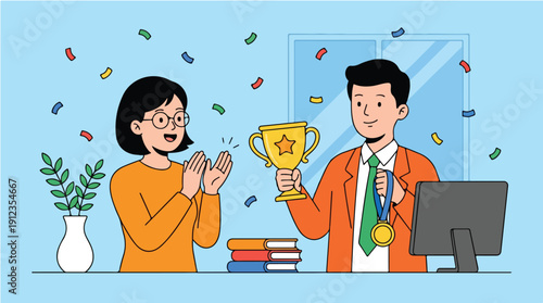 Illustration of two coworkers celebrating Employee Appreciation Day with a trophy and confetti in an office setting with a joyful mood.