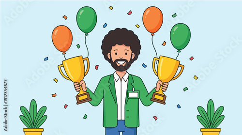 A cartoon man in a green blazer holds two trophies and celebrates Employee Appreciation Day with balloons and confetti against a light blue background.