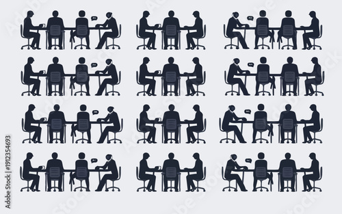 Silhouettes of people engaged in group discussions around tables in various settings
