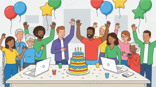 Diverse group of coworkers celebrating Employee Appreciation Day with a cake and balloons in a modern office setting with a joyful atmosphere.