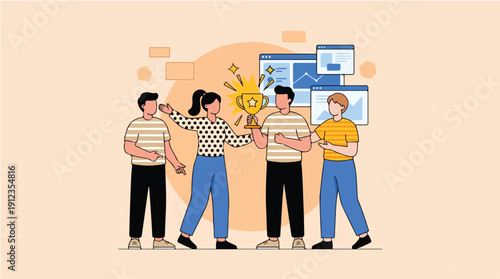 Illustration of coworkers celebrating Employee Appreciation Day with a prize in a modern office setting with a joyful mood.