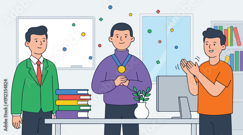 Three coworkers celebrating Employee Appreciation Day in an office with a man receiving a medal while others applaud and stand around a desk with books and a computer.