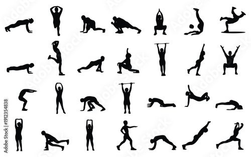 A collection of yoga poses depicted in black silhouette style for exercise reference