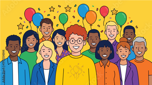 Diverse group of smiling people celebrating Employee Appreciation Day with colorful balloons and confetti against a vibrant yellow background.