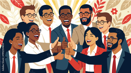 Diverse group of business professionals stacking hands in a celebratory gesture for Employee Appreciation Day against a vibrant floral background.