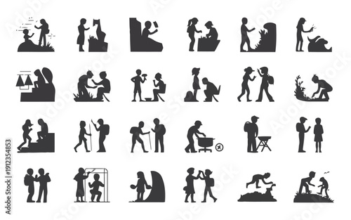 Diverse silhouettes of people engaging in various activities and postures