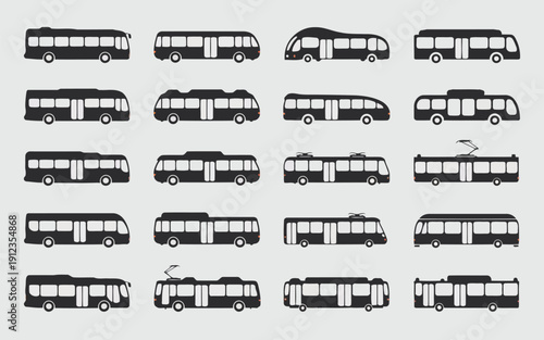 Diverse collection of modern double-decker and single-level buses in black and white design